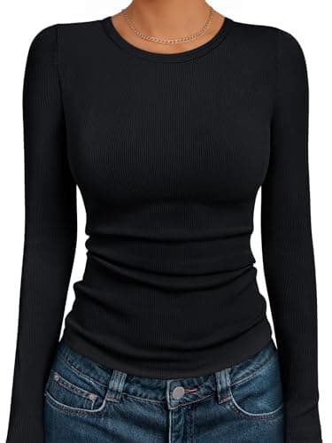 AUTOMET Womens Long Sleeve Shirts Tops Blouses Fall Fashion Ribbed Knit Casual Tshirts Trendy Cute Workout Clothes Black S - Image 1