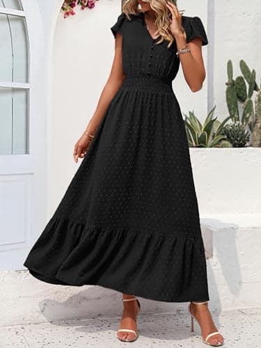 PRETTYGARDEN Womens 2025 Spring Swiss Dot Maxi Dress Short Sleeve V Neck Smocked Waist Ruffle Tiered Flowy Long Party Dresses(Black, XX-Large) - Image 3