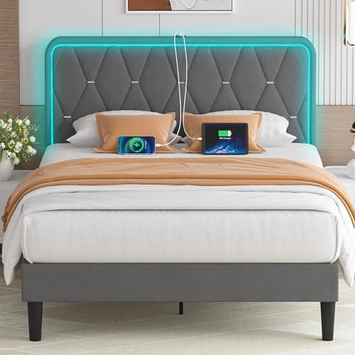 VECELO Upholstered Full Bed Frame with Headboard Adjustable, Velvet Platform Bed with LED Lights, Charging Station, Mattress Foundation with Wooden Slats, Noise Free, No Box Spring Needed, Soft Grey - Image 1