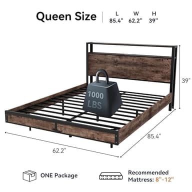 Susalt Queen Size Bed Frame with Storage Headboard, Sturdy Metal Platform Bed Frame with LED Lights and Charging Station, Easy Assembly, No Box Spring Needed, Noise Free, Rustic Brown - Image 2
