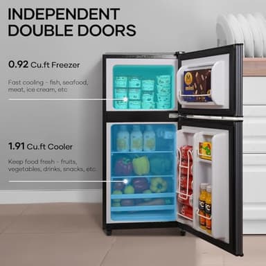 BODIOO Fridge with Freezer, 2.8 Cu.Ft, 7 Settings Temperature Adjustable, 2 Doors, Low Noise, Refrigerator for Living Room,Office,Kitchen and Apartment, Dark Gray - Image 2