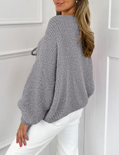 PRETTYGARDEN Women's Tie Front Bow Cardigan Sweaters Chunky Knit Long Puff Sleeve Trendy Fall Winter Jacket Coats (Grey,Small) - Image 2