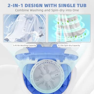 Elevon QD-MINIPWM-BL-1G Portable Mini Washing Machine with Spin Dryer 5.5 lbs Washers, Rotary Timer Controller, Compact Laundry for Home, Apartment, RV, White/Blue - Image 5