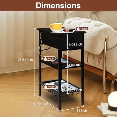 Cazacomzy Small Black Side Table Charging Station for Bedroom, Narrow Black Living Room End Tables with Storage, Skinny USB Nightstand with Outlet, Gaming Coffee Table for Couch with USB Ports - Image 2