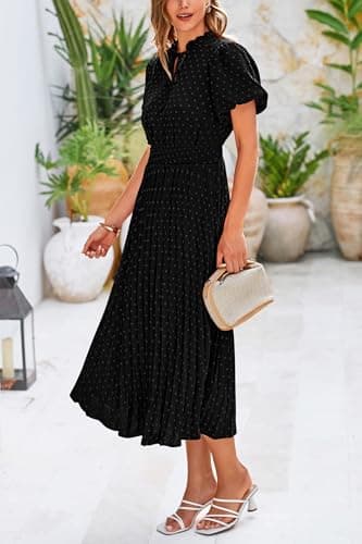 PRETTYGARDEN Womens Summer Midi Dresses Puff Short Sleeve V Neck Swiss Dot Pleated A Line Flowy Long Wedding Guest Dress (Black,Large) - Image 4