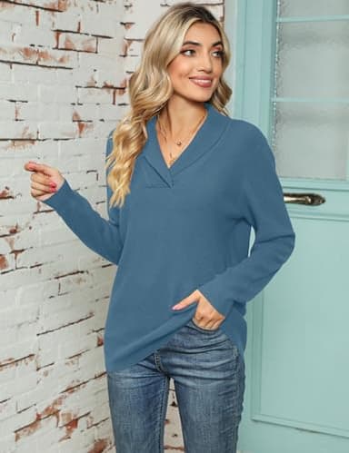 Ivicoer Sweaters for Women V-Neck Long Sleeve Pullover Casual Ladies Knit Collared Tops Fall Winter Work Classic Trendy Grey Blue - Image 3
