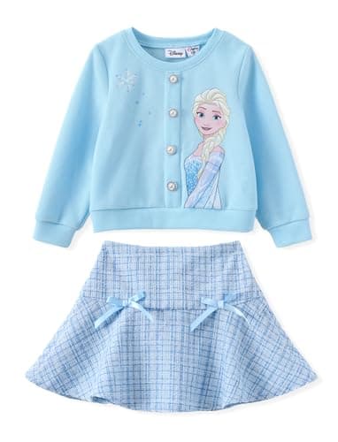Disney Frozen Elsa Toddler Girl 2 Piece Outfit Blue Long Sleeve Snowflake Print Pearl Button Knit Top & Tweed Skirt Set Birthday Elegant Dress 5-6Y - Image 1