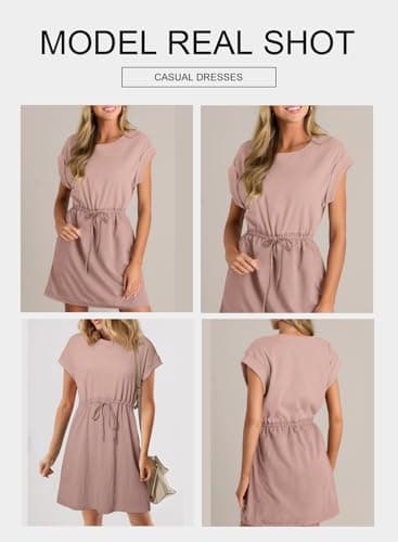 BLENCOT Womens Casual Summer Patchwork Short Sleeve Mini Dresses Crewneck Ruched Waist Drawstring Mini Street Dress P1310 X-Large with Pockets - Image 2
