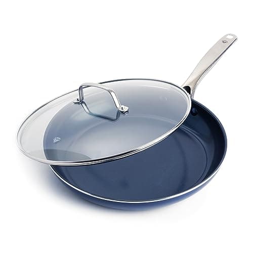 Blue Diamond 12" Nonstick Frying Pan with Lid, Diamond Infused PFAS & PTFE-Free Ceramic Skillet, Dishwasher & Oven Safe, Stay Cool Handle, Durable Non Toxic Metal Utensil Safe, Glass Lid, Blue - Image 1