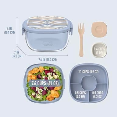 Bentgo Glass Prints All-in-One Salad Container - 61oz Tinted Glass Salad Bowl with Lid, Bento-Style Tray, Sauce Container, & Reusable Fork - Dishwasher & Microwave Safe (Wildly Chic - Soft Blue) - Image 2