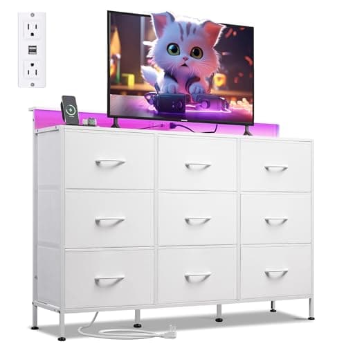 WLIVE White TV Stand for 45, 50, 55 inch TV, Entertainment Center with LED Lights & Charging Station, TV Media Console Table with 9 Fabric Drawers and Open Shelves for Living Room, Hallway, Wood Top - Image 1