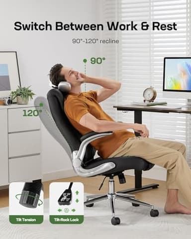 Marsail Ergonomic PU-Leather Office Chair: 5 Settings Lumbar Support, Executive Office Chair Height Adjustable with Padded Flip-up Arms, Executive Desk Chair for Working Study-Black - Image 6