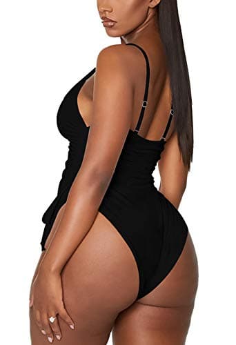Viottiset Women's Ruched Drawstring One Piece Swimsuit Cheeky High Cut Tummy Control Swimwear Black X-Large - Image 2