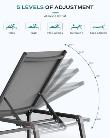 Aluminum Chaise Lounge Ourdoor - Foldable & Assemble Free Outdoor Lounge Chair with 5 Adjustable Backrest, Patio Lounge Chair for Outside Poolside Beach Pool, Grey - Image 7