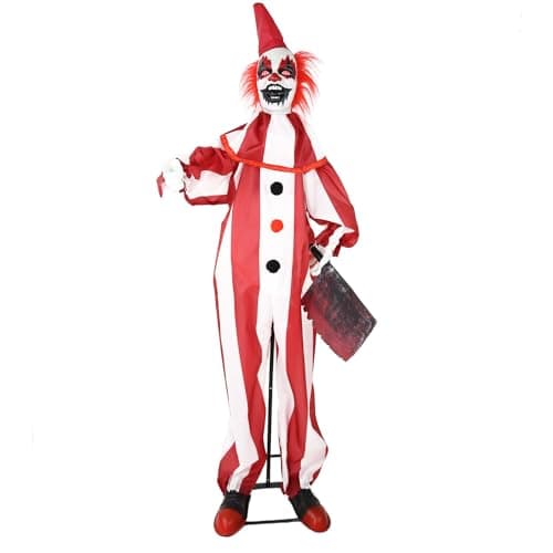 Haunted Hill Farm Lifesize Animatronic Scary Talking Clown Holding Knife with Touch Activated Lights and Sound, Battery-Operated Indoor or Covered Outdoor Halloween Decoration - Image 1