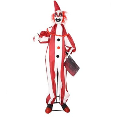 Haunted Hill Farm Lifesize Animatronic Scary Talking Clown Holding Knife with Touch Activated Lights and Sound, Battery-Operated Indoor or Covered Outdoor Halloween Decoration - Image 1