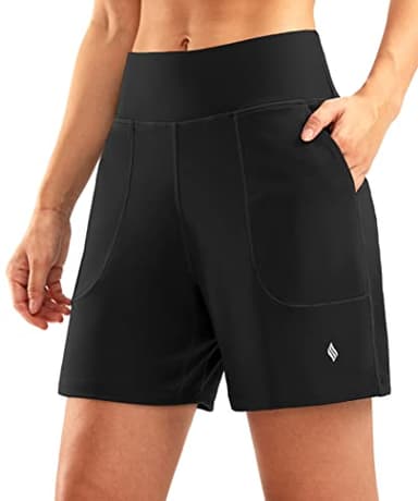 SANTINY Women's 6'' Athletic Long Shorts with 4 Pockets High Waisted Bermuda Shorts for Women Walking Running Casual (Black_M) - Image 1