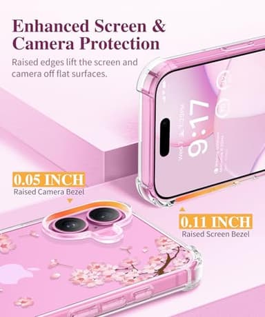 GVIEWIN for iPhone 16 Case, with Screen Protector & Camera Lens Protector, Floral Shockproof Protective Bumper Slim Soft Clear Phone Cover for Women 2024 6.1" (Sakura/Pink) - Image 7