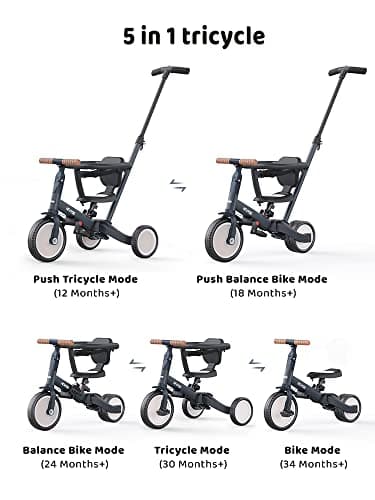 newyoo TR008 Tricycle for Toddlers 1-3, 5 in 1 Baby Balance Bike, Christmas and Birthday Gift for Boy and Girl, Toddler Bike with Parent Push Handle & Safety Guard, Dark Gray, TR008 - Image 2