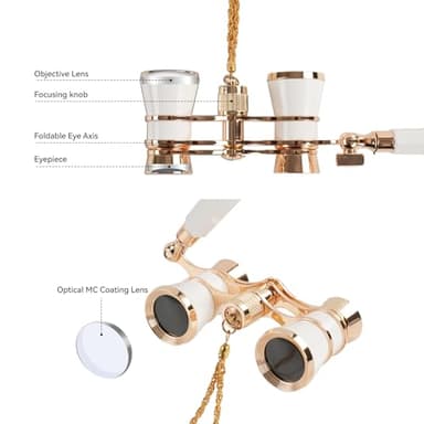 3X25 Glass Binocular with Adjustable Handle & Chain,BK7 Optical Lens, Cute Mini Theater Binoculars Adults Kids in Opera Musical Concert-White - Image 4