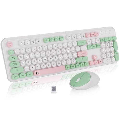 FD 2.4GHz Wireless Keyboard and Mouse Set with Switch Button - Full-Size Keyboard - Compatible for Windows/Laptop/PC/Notebook/Smart TV and More - Milky White Green Colorful - Image 1