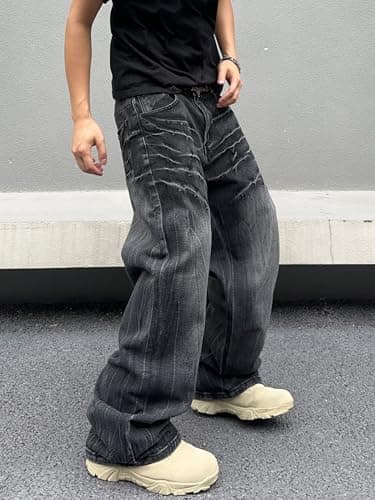 DFGIGT Mens Baggy Jeans Patchwork Y2k Hip Hop Wide Leg Denim Pants Casual Loose Fit Trousers Streetwear 2000s Jinco Oversized Extreme Motion Relaxed Skater Skateboard,A10 Black,Large - Image 2