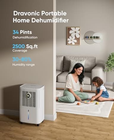 Dravonic 34 Pint Dehumidifiers for Home, Basement, Bedroom, Bathroom, 2500 Sq.ft Dehumidifier with Drain Hose, Smart Humidity Control & Display, 3 Operation Modes, 24H Timer, Child Lock (White) - Image 2
