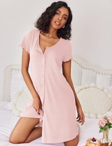Ekouaer Women's Plus Size Sleepshirt Nightgown Button Front Sleepshirt Short Sleeve Housecoats V-Neck Lounger Dress - Image 2