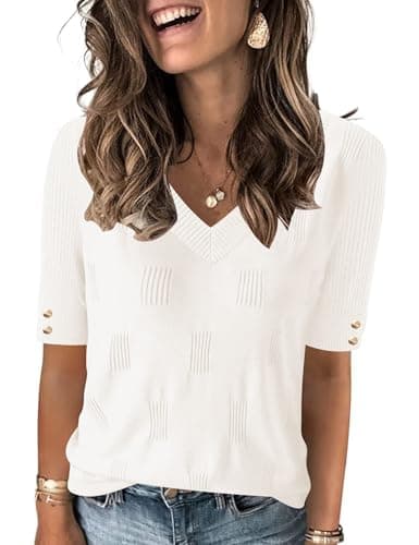 AKEWEI Womens V Neck Sweater Short Sleeve Fall Clothes Casual Lightweight Blouse with Decorative Buttons(White,Medium) - Image 1