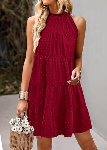 KIRUNDO Womens Summer Dresses 2025 Casual Halter Sundress Sleeveless Flowy Mini Babydoll Tiered Pleated Beach Dress(Dot-Wine Red, Large) - Image 4
