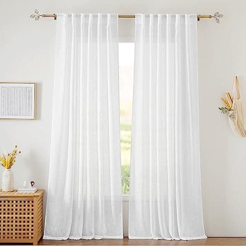 RYB HOME White Curtains Sheer - Linen Texture Sheer Window Covering, Light & Airy Translucent Panels for Bedroom Living Room Patio Glass Door, 52 inch Width x 95 inch Length, Set of 2 - Image 1