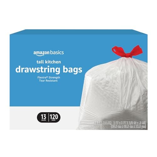 Amazon Basics Flextra Tall Kitchen Drawstring Trash Bags, 13 Gallon, 120 Count - Image 1