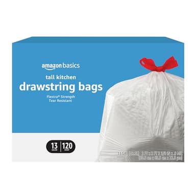Amazon Basics Flextra Tall Kitchen Drawstring Trash Bags, 13 Gallon, 120 Count - Image 1