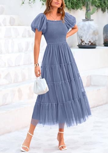 PRETTYGARDEN Women's Smocked Midi Tulle Dress 2025 Summer Puffy Short Sleeve Square Neck Ruffle Wedding Guest Party Dresses (Grey Blue,Large) - Image 4