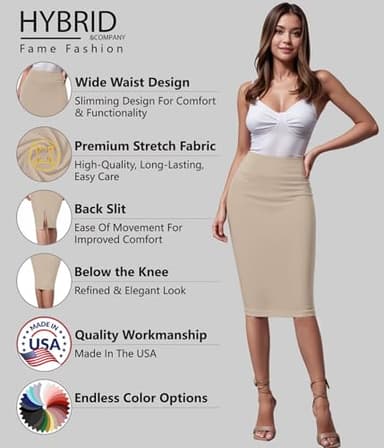 Hybrid & Company Women's Premium Nylon Ponte Stretch High Waist Pencil Suit Skirt Below Knee KSK45002 1073T Stone M - Image 2