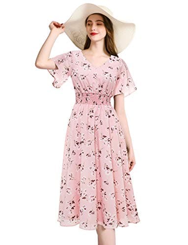 Gardenwed Womens Casual Summer Chiffon Floral V Neck Short Sleeve Smocked Wedding Guest Midi Dress Pink Dandelion M - Image 1