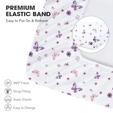 Little Grape Land Pack and Play Sheets Mini Crib Sheets Soft Breathable Pack N Play Sheets, Playard Fitted Sheet 2 Pack Stretchy Fits 38"x26" Playard Mattress, Purple Butterfly - Image 4