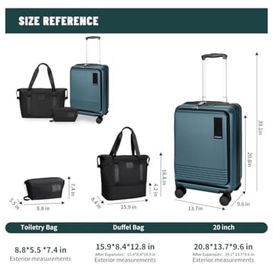 WireHot 20 inch Small Carry On Luggage Front Open with Laptop Pocket, ABS+PC Hard Shell Suitcase with Spinner Wheels TSA Lock & YKK Zipper, 20in/Toiletry Bag/Handbag, Teal Blue - Image 2