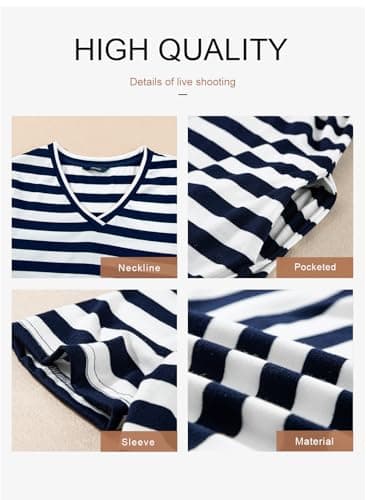 Dokotoo Dresses for Women 2025 V Neck Short Sleeve Striped Casual Long Loose Womens Dresses Beach Vacation Clothes for Women Blue Medium - Image 5
