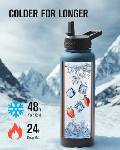 40 oz Water Bottle Insulated, Coolplus Stainless Steel Water Flask With Straw Metal Double-Walled Vacuum With Carry Sleeve Leakproof, Keep Cold 48 Hrs Hot 24hrs, Blue Black - Image 2