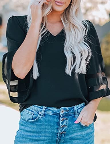 LookbookStore Women's Plus Size Summer Tops, Dressy Casual V-Neck Blouses, 3/4 Sleeve Black Shirt XXL 20-22 - Image 3
