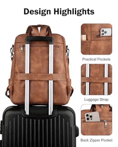 FADEON Laptop Backpack for Women Leather Travel Backpack with Laptop Compartment, Designer Ladies Computer Backpacks Brown - Image 7