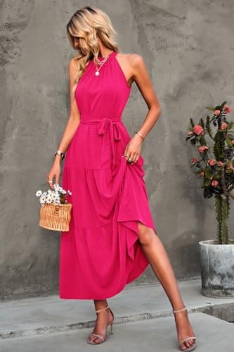 PRETTYGARDEN Women's Summer Maxi Sun Dress Sleeveless Halter Neck Flowy Ruffle Hem Long Boho Dresses with Belt (Solid Rose Red,Small) - Image 4