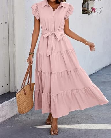 dowerme Women's Summer Dresses 2025 Cap Sleeve Button V Neck Tie Waist Pleated Tiered Loose Fit Boho Flowy Shirt Dress(Pink,Large) - Image 7