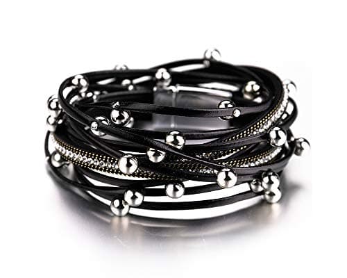 Fesciory Leather Wrap Bracelets for Women, Boho Leopard Multi-Layer Crystal Beads Cuff Bracelet Jewelry (Black Beads) - Image 1
