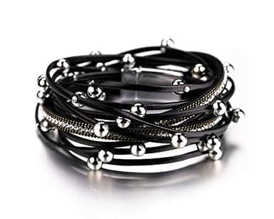 Fesciory Leather Wrap Bracelets for Women, Boho Leopard Multi-Layer Crystal Beads Cuff Bracelet Jewelry (Black Beads) - Image 1