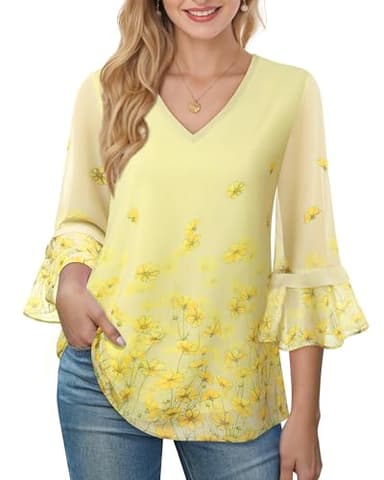Bebonnie Women Blouses Dressy Casual Tops: Womens Ruffle 3/4 Sleeve V Neck Double Layers - Dressy Tops for Women for Evening Party Wedding - Spring Tunic Tops to Wear with Leggings Multi Yellow L - Image 2