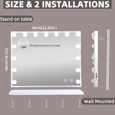 Hansong Vanity Mirror with Lights and Speaker22.8''x18.4'' Hollywood Makeup Mirror with 15 LED Bulbs Lighted Vanity Nakeup Mirror 3 Lighting Modes 10X Magnification White - Image 6