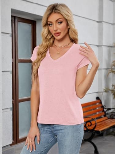 YOKGO Womens Summer Tops Short Sleeve Shirts V Neck Basic Tees Cap Sleeve T Shirts Casual Trendy Spring Fashion Clothes 2025 Light Pink - Image 3