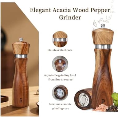 2 Pack Acacia Wood Salt and Pepper Grinder Set, Wooden Salt and Pepper Mill Set Salt and Pepper Shaker Tableware Birthday Gifts Ceramic Core-8 Inch - Image 3